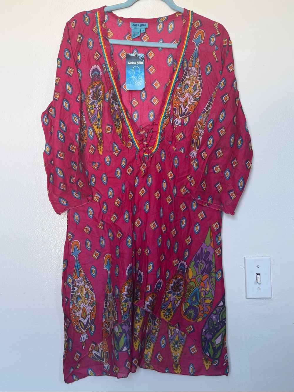 Aqua Blu Fuchsia Multicolor Paisley Lace-Up Tunic